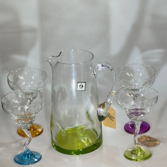 PartyLite Handmade Casa Glass Pitcher & Margarita Glass Set With Colorful Bases - Picture 3 of 16